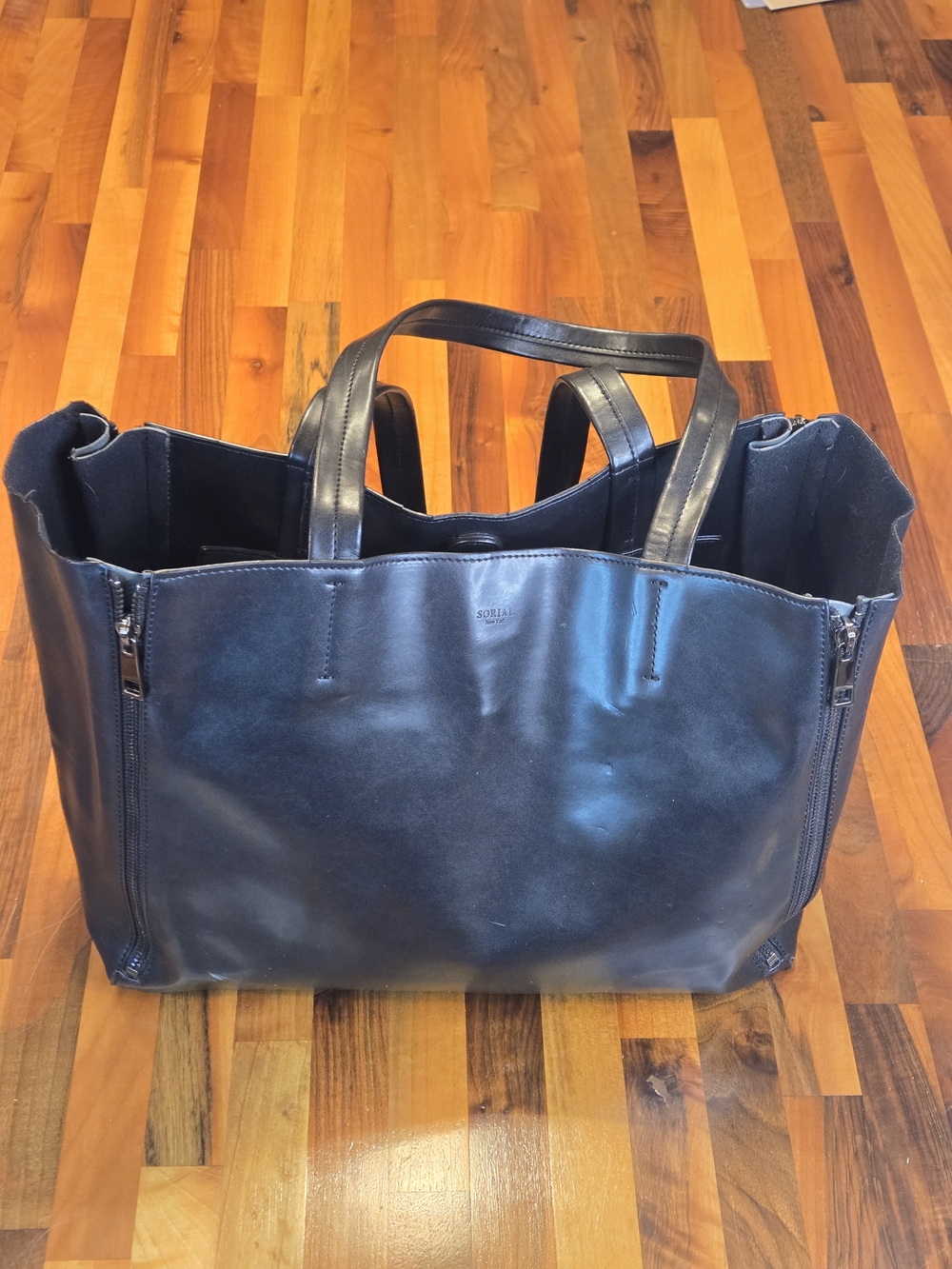 Sorial New York Black Leather Zippered Expansion Tote